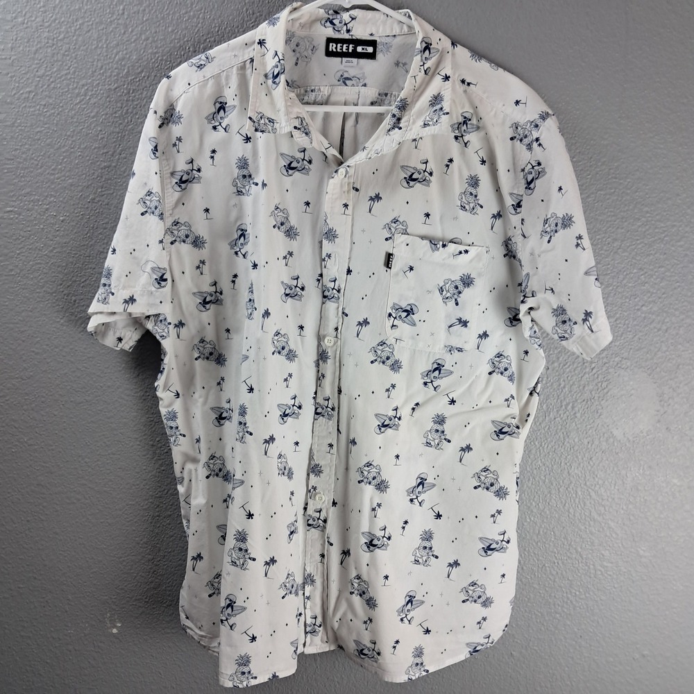 Reef Mens‎ Pineapple Surfer Button Up Hawaiian Shirt Short Sleeve White XL